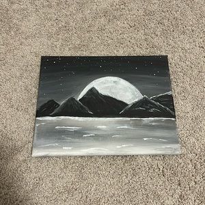 Starynight, Black and White, Ocean and Mountains Scene, Painting